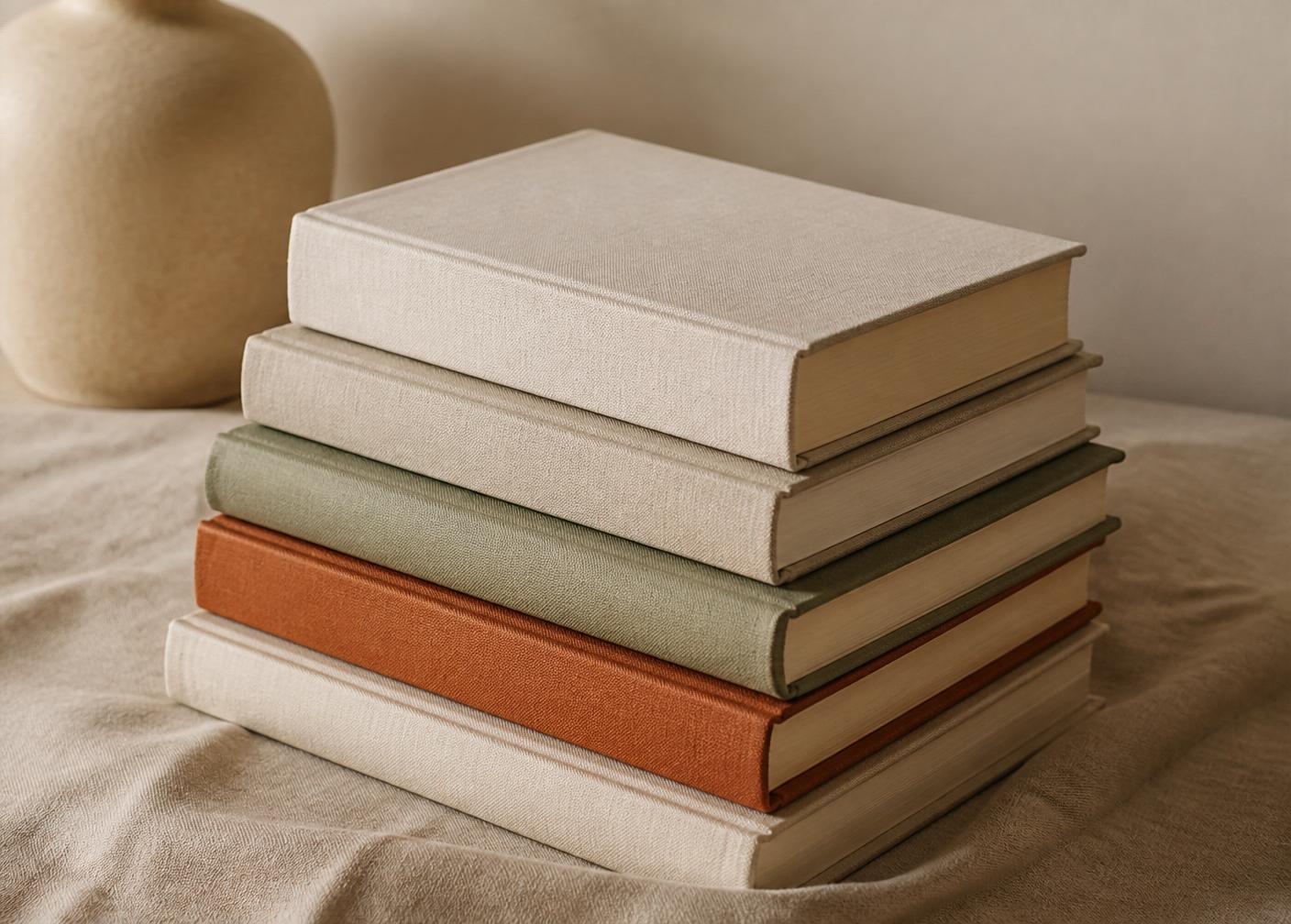 Pile de livres en lin sur tissu beige